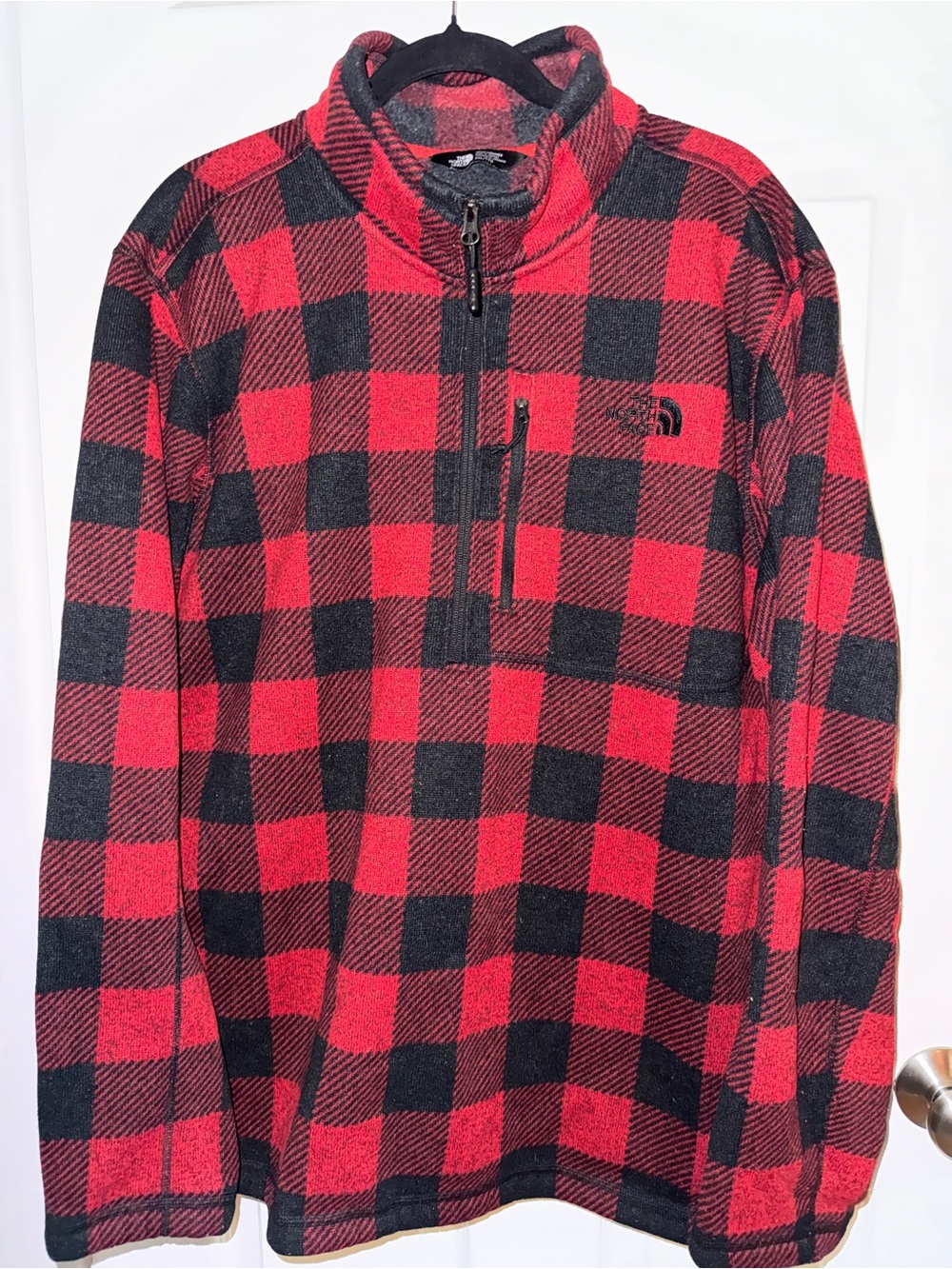 The North Face Red and Black Buffalo Plaid Quarter-Zip Fleece